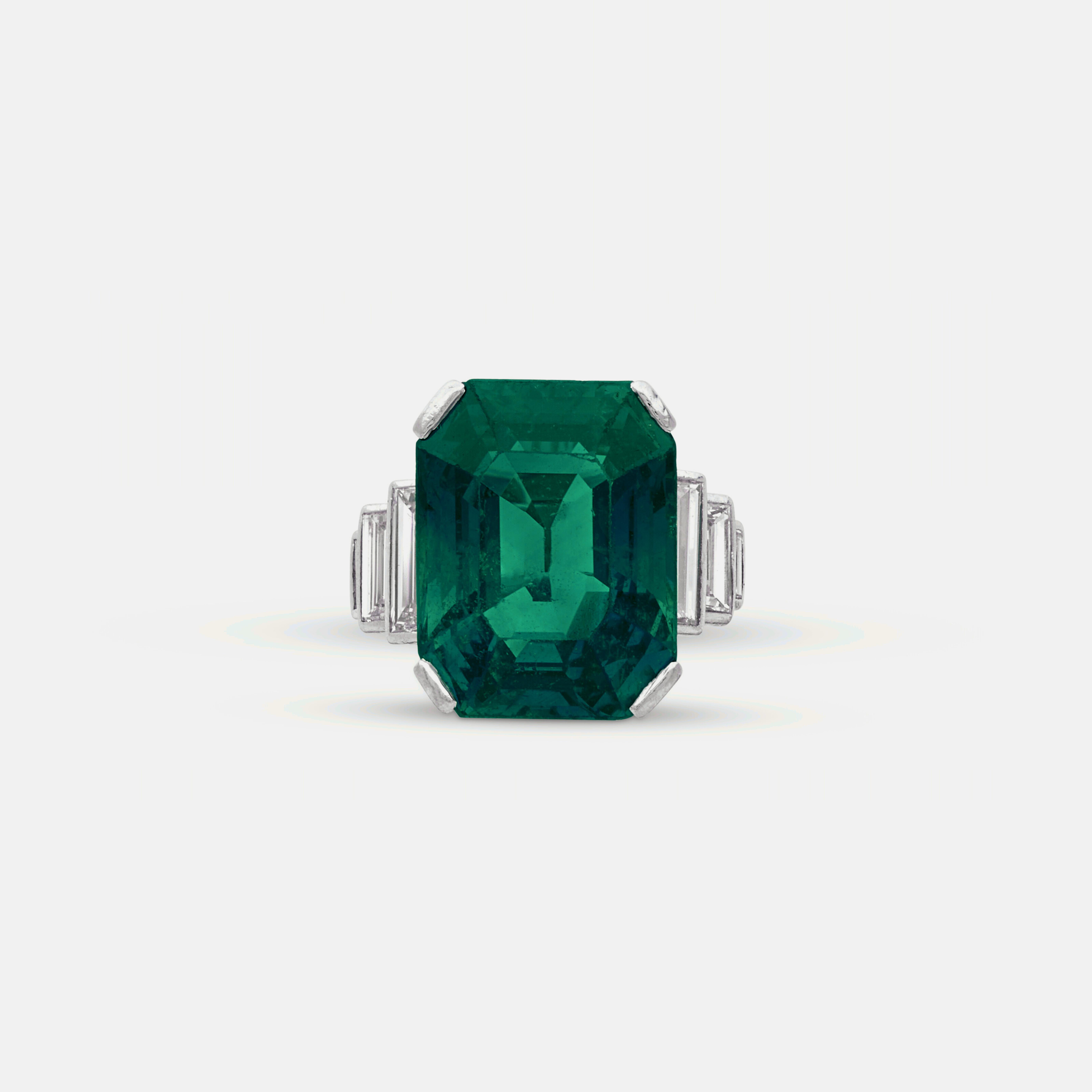 Modern GIA Certified 12 Carat Green Emerald Diamond Platinum Ring For Sale
