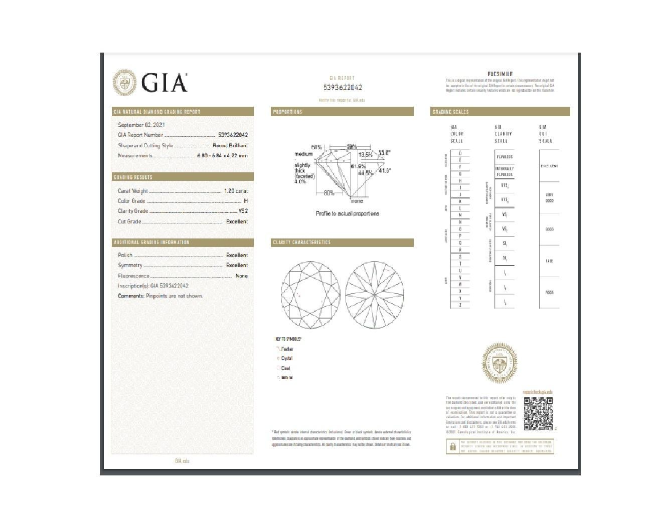 GIA zertifiziert 1,2 Karat H VS2 natürlicher Diamant Solitär Verlobungsring (Rundschliff)