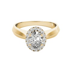 GIA Certified 1.2 Carat Knife Edge Band Oval Halo 18K Yellow Gold Diamond Ring