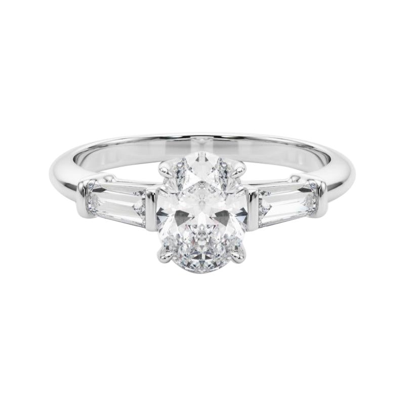 GIA Certified 1.2 Carat Oval & Baguette Classic 3-Stone Platinum Diamond Ring