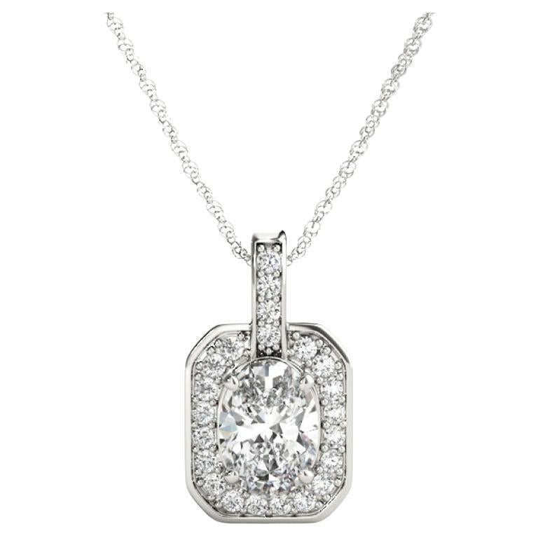 GIA Certified 1.2 Carat Oval Diamond Halo White Gold Pendant Necklace