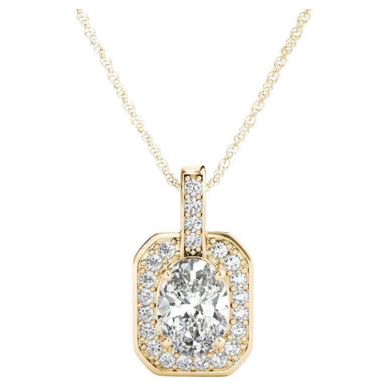 GIA Certified 1.2 Carat Oval Diamond Halo Yellow Gold Pendant Necklace For Sale