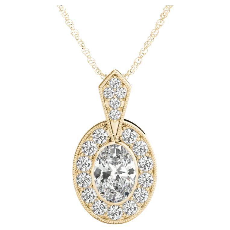 GIA Certified 1.2 Carat Oval Diamond Milgrain Halo Gold Pendant Necklace