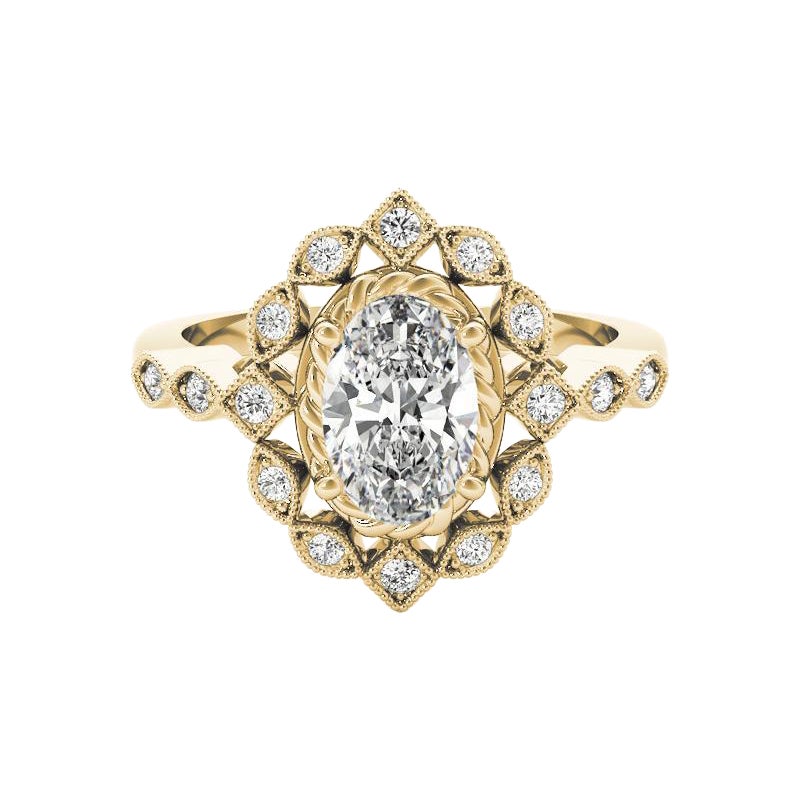 Anello con diamante ovale a doppio fiore in oro giallo 18 carati certificato GIA da 1,2 carati