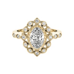 GIA Certified 1.2 Carat Oval Double Halo Flower 18K Yellow Gold Diamond Ring