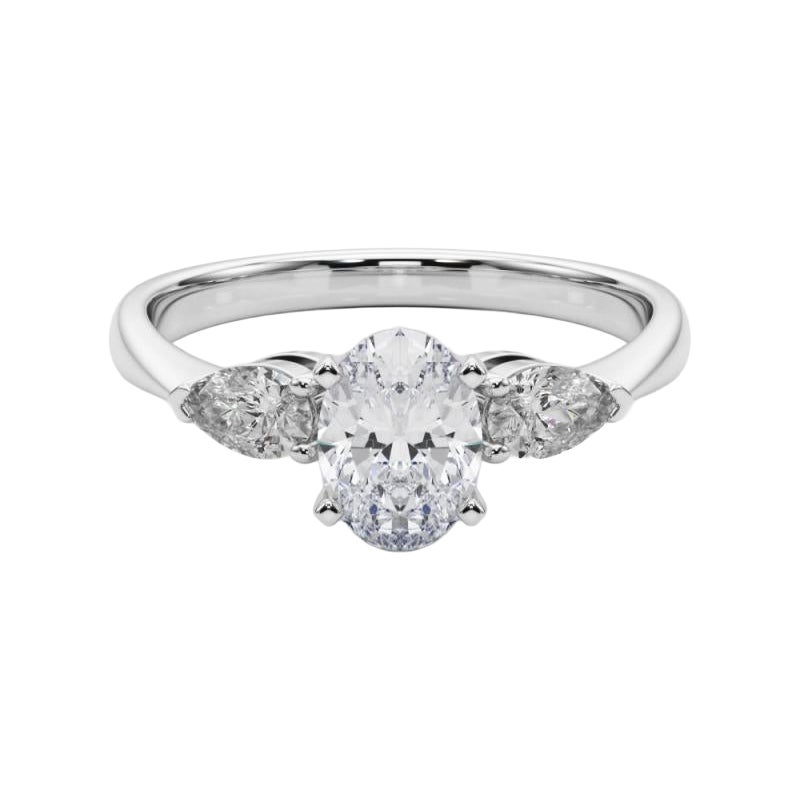 Anello con diamante ovale est-ovest a tre pietre certificato GIA da 1,2 carati