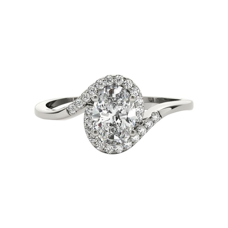 GIA Certified 1.2 Carati Oval Halo Curved Bypass Shank Platinum Diamond Ring