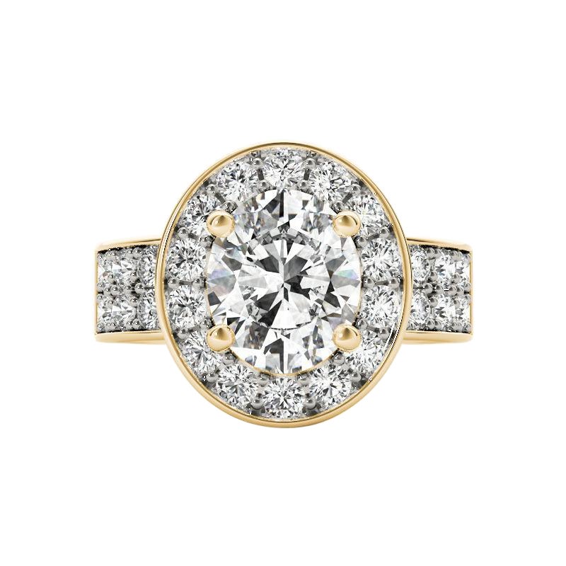 Bague en or jaune 18 carats certifiée GIA avec diamant ovale en halo de 1,2 carat et double canal
