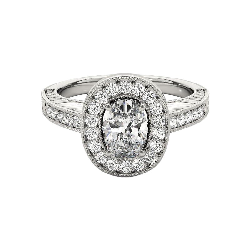 Anello con diamante ovale aureolato inciso e traforato certificato GIA da 1.2 carati