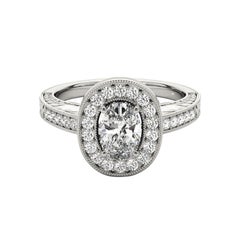 GIA Certified 1.2 Carat Oval Halo Engraved Openwork Platinum Diamond Ring