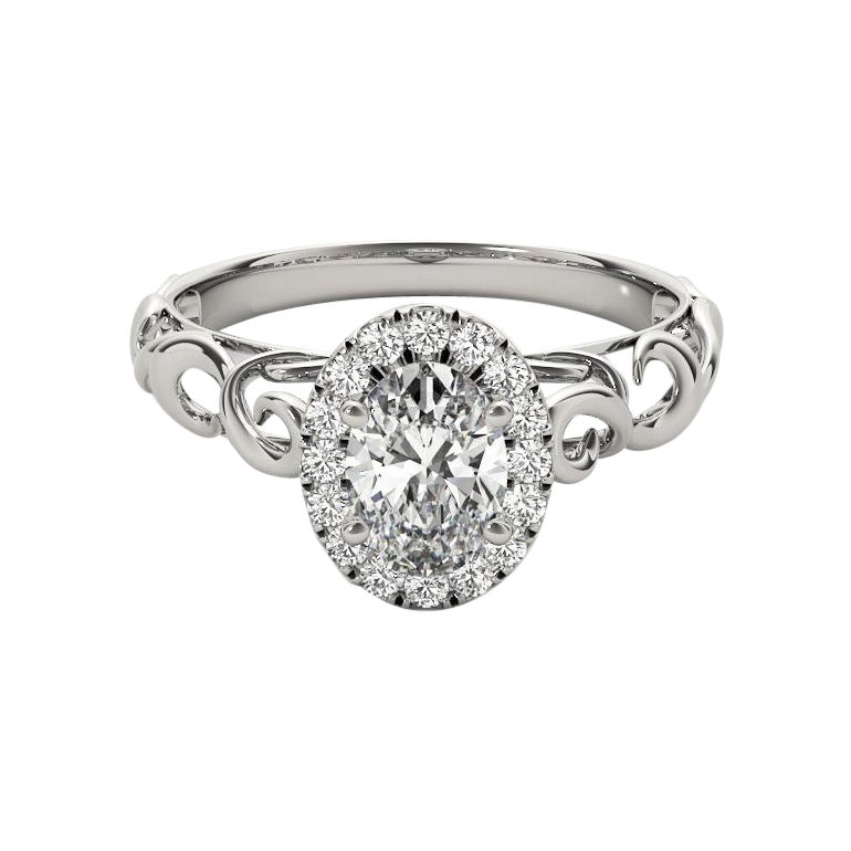 Bague en or blanc certifié GIA de 1.2 carat de diamant ovale Halo Ribbon Cathedral