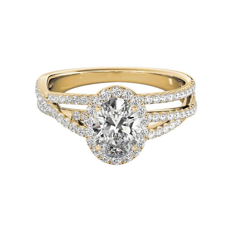 Anello con diamanti in oro giallo certificato GIA da 1.2 carati, con tripla fascia a raggiera ovale e pavé