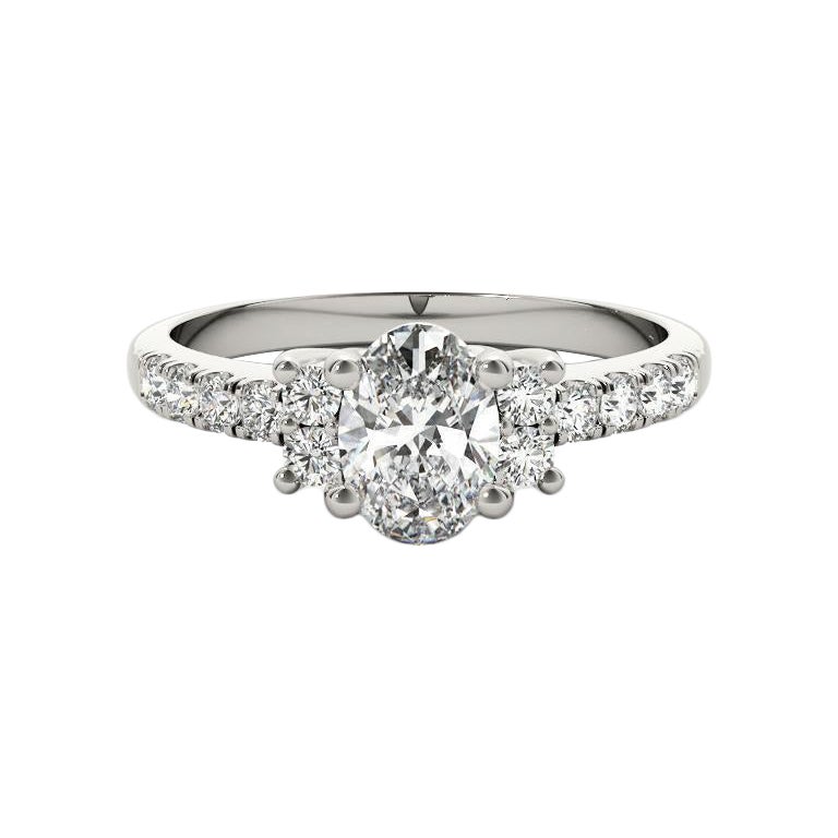 GIA Certified 1.2 Carat Oval Three-Stone Pave 18K White Gold Diamond Ring
