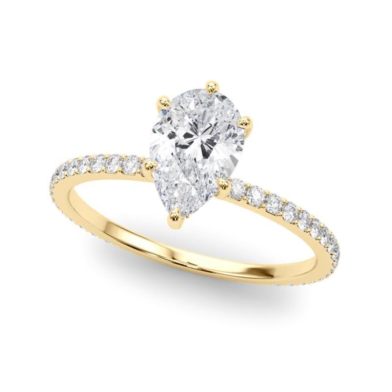 Taille poire GIA Certified 1.2 Carat Pear Hidden Halo Pave Band Yellow Gold Diamond Ring en vente