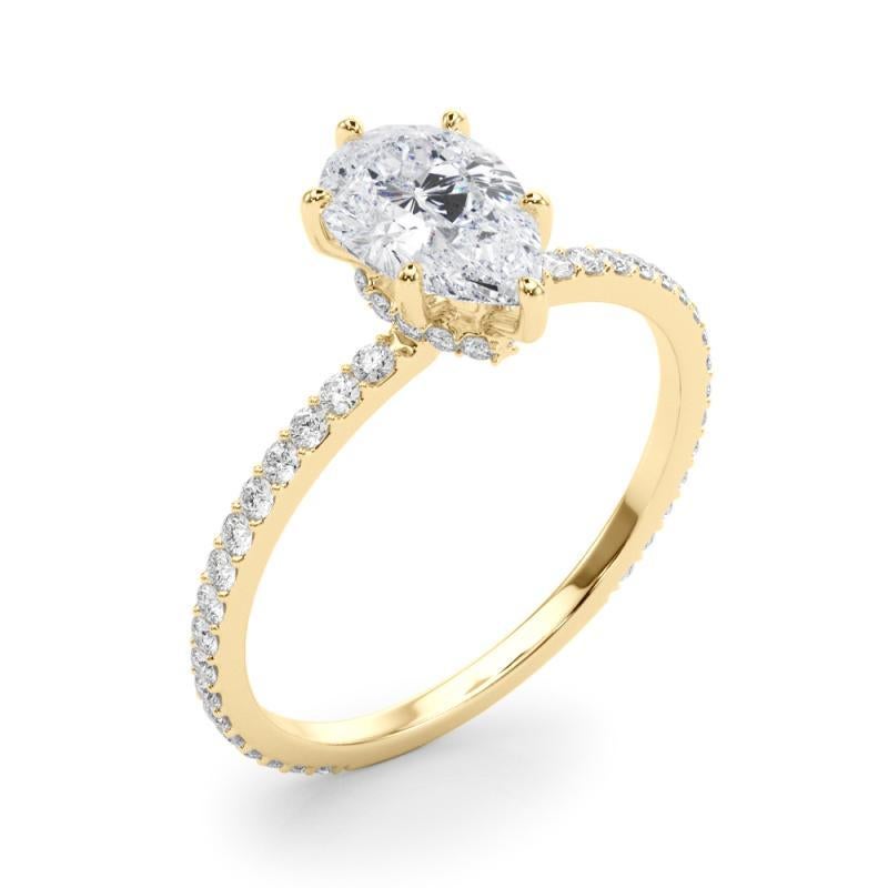 GIA Certified 1.2 Carat Pear Hidden Halo Pave Band Yellow Gold Diamond Ring Pour femmes en vente