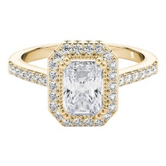 Bague en or jaune 18 carats certifiée GIA et ornée d'un halo de diamants rayonnants de 1,2 carat