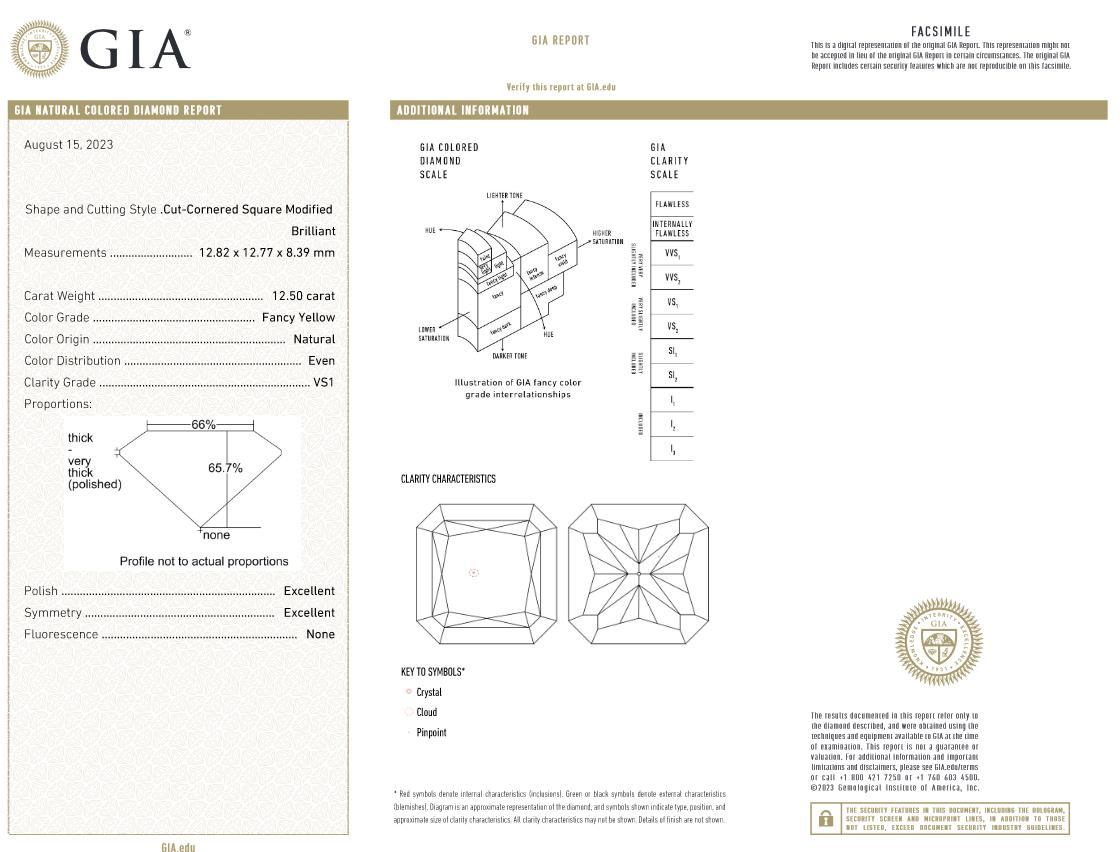 Taille coussin Bague radiant en diamant jaune de 12 carats certifié GIA en vente