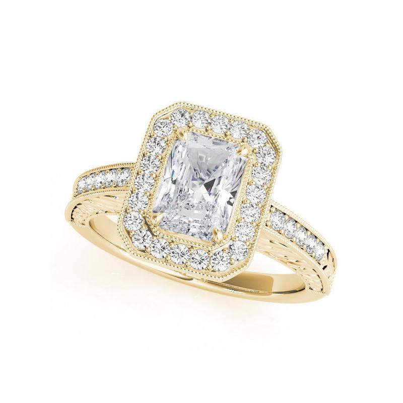 Taglio radiant Anello con diamante radiante aureolato inciso e traforato certificato GIA da 1.2 carati in vendita