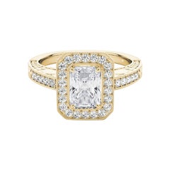 Anello con diamante radiante aureolato inciso e traforato certificato GIA da 1.2 carati