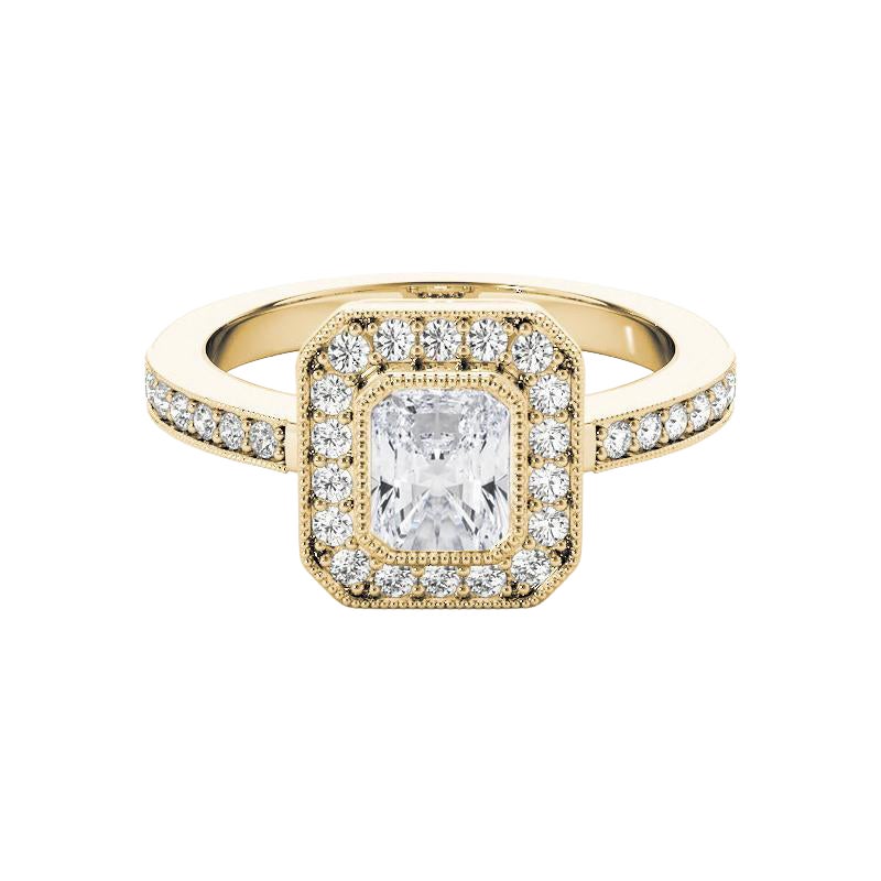 Bague en or jaune 18 carats certifiée GIA 1,2 carat Radiant Halo Milgrain Diamond Ring