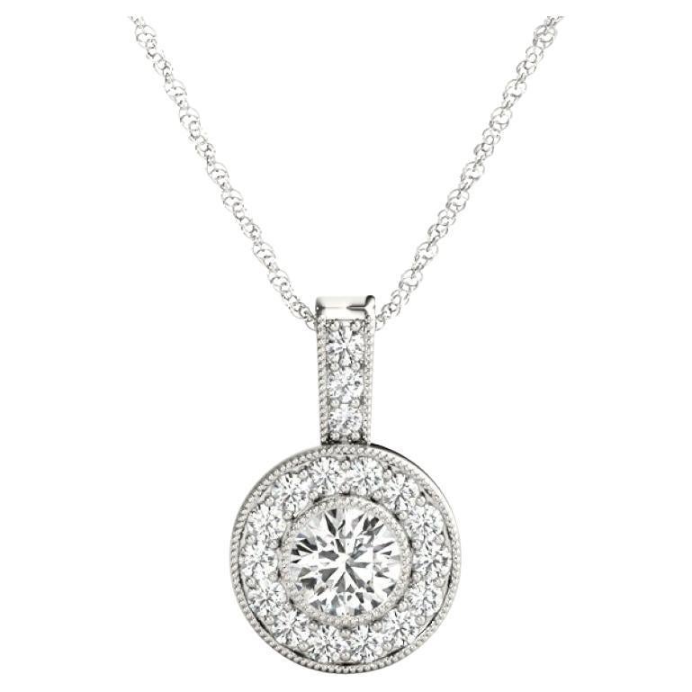 GIA Certified 1.2 Carat Round Diamond Milgrain Halo White Gold Pendant
