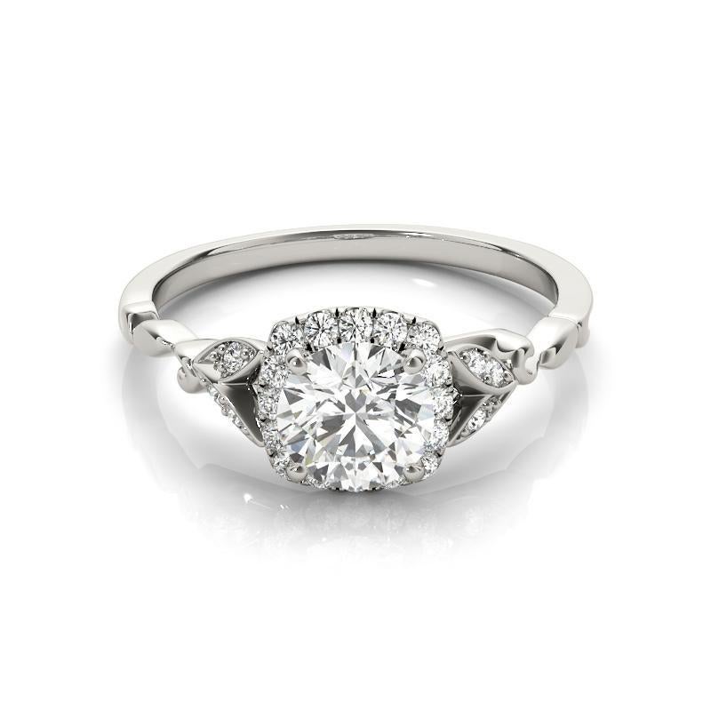 Taille ronde Bague de diamant en platine certifiée GIA de 1,2 carat, avec halo floral, feuilles et vignes en vente