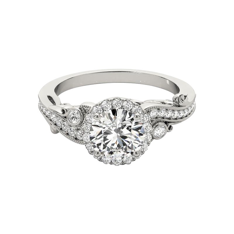GIA Certified 1.2 Carat Round Halo Multi-Stone Curved Platinum Diamond Ring