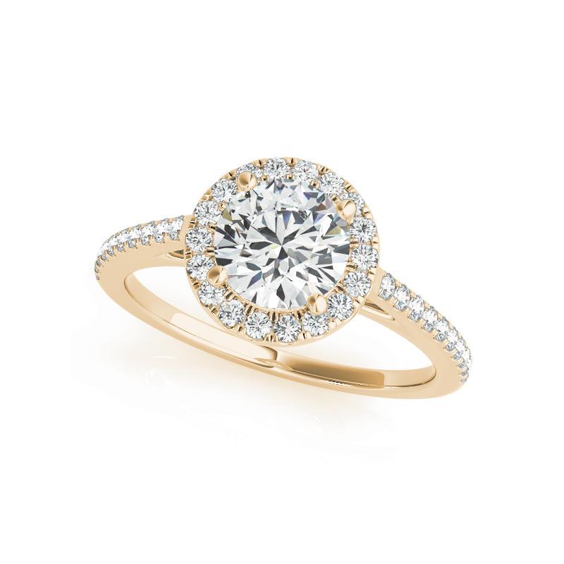 Taille ronde Bague en or jaune 18 carats certifiée GIA et ornée d'un pavé halo rond de 1,2 carat en vente