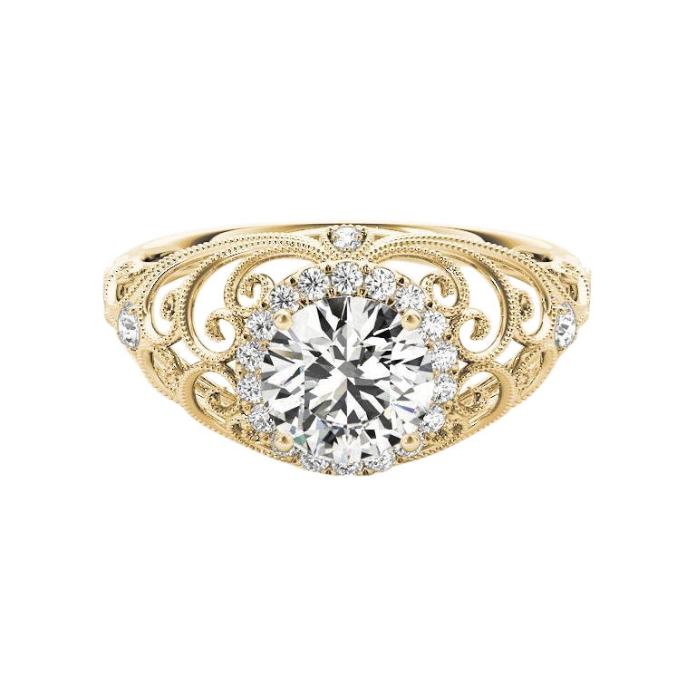 Bague à diamant certifié GIA de 1,2 carat rond Halo Ribbon Filigree Dome