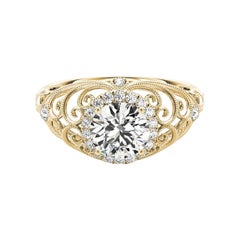 Bague à diamant certifié GIA de 1,2 carat rond Halo Ribbon Filigree Dome