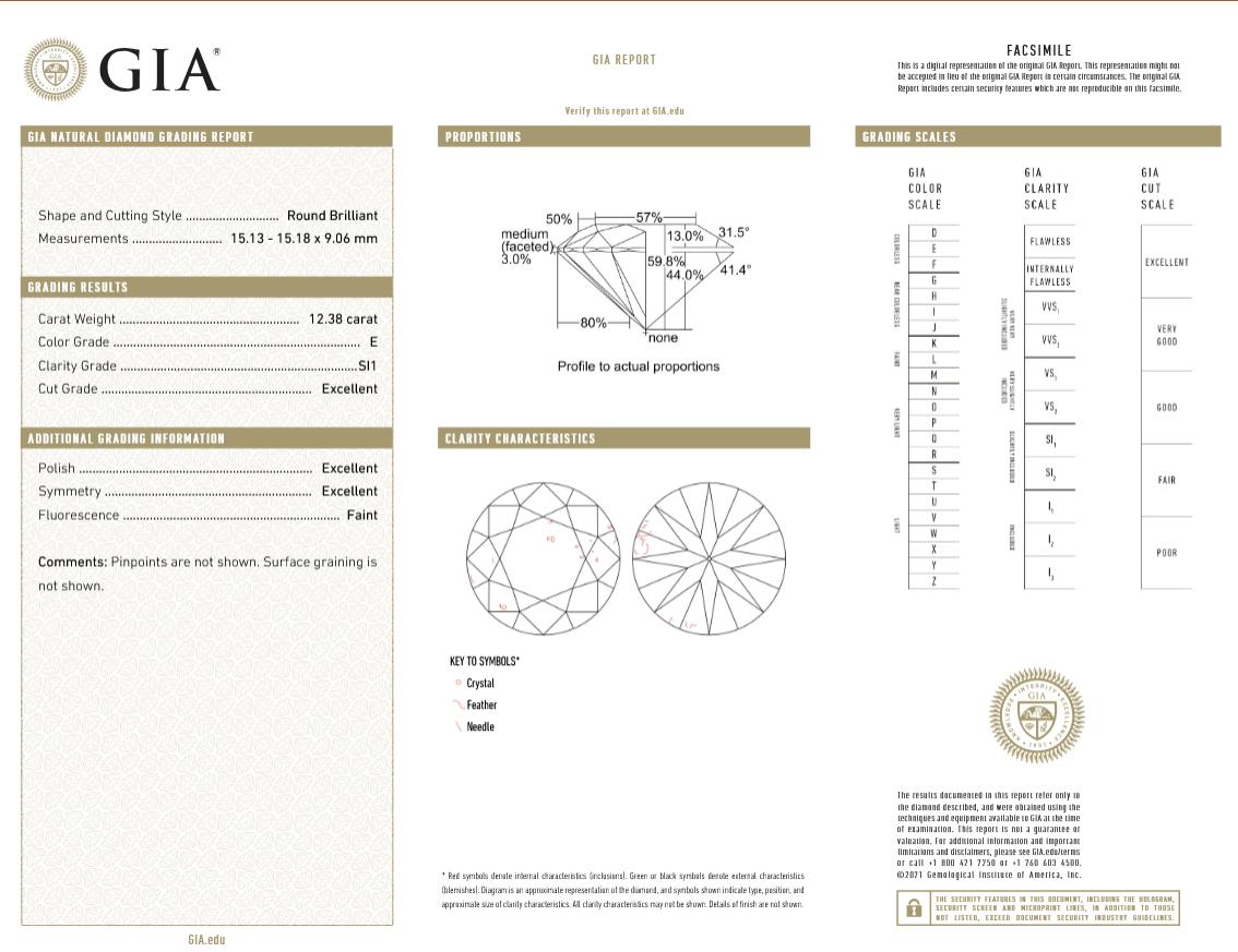 Round Cut GIA Certified 12 Ct. Round Brilliant Cut Diamond Platinum Ring For Sale