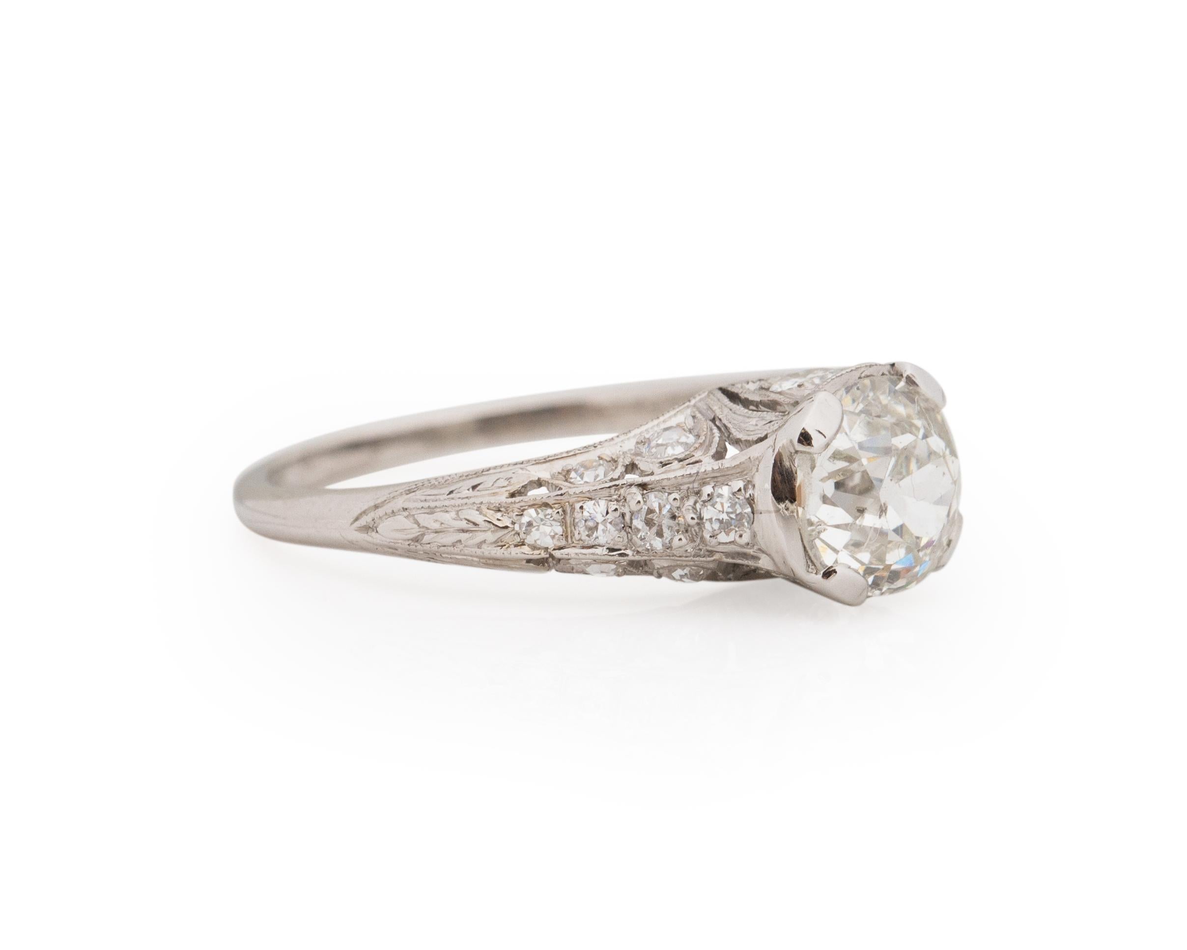 Ring Size: 5.25
Metal Type: Platinum [Hallmarked, and Tested]
Weight: 3.2 grams

Center Diamond Details:
GIA REPORT #: 2225339417
Weight: 1.20ct
Cut: Old Mine Brilliant
Color: J
Clarity: SI2
Measurements: 6.50mm x 6.29mm x 4.03mm

Side Stone