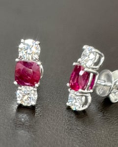 GIA Certified 1.20 Carat Burma No Heat Ruby White Diamond Gold Earrings