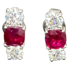 GIA Certified 1.20 Carat Burma No Heat Ruby White Diamond Gold Earrings