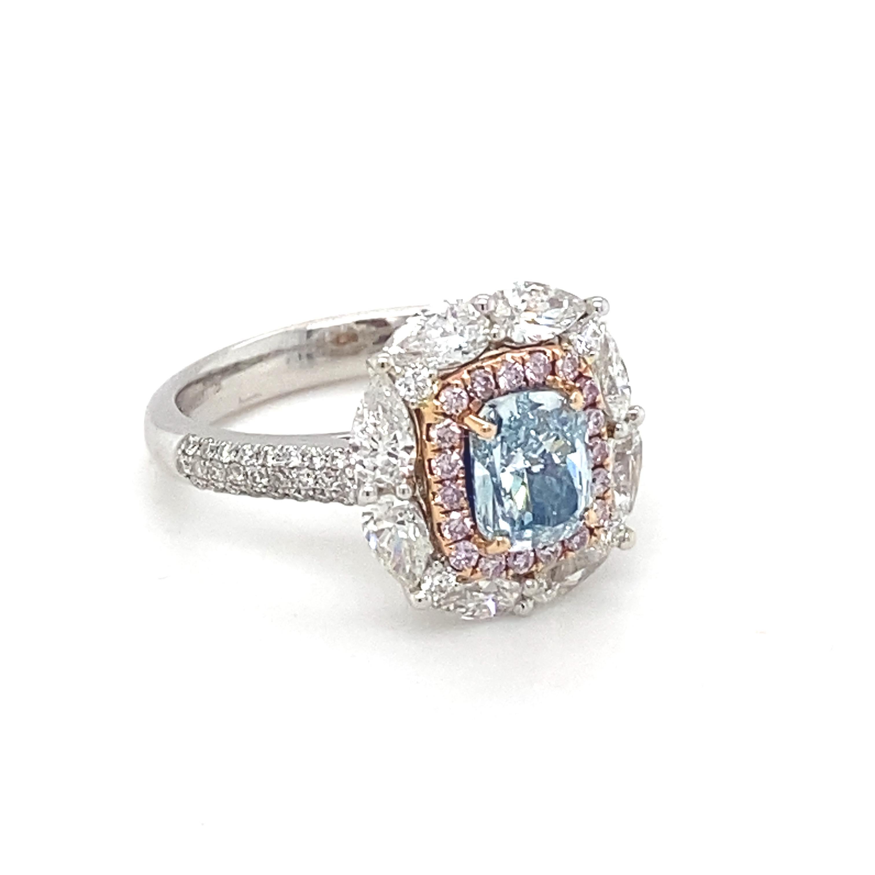 Artisan GIA Certified 1.20 Carat Cushion Blue Diamond Engagement Ring For Sale