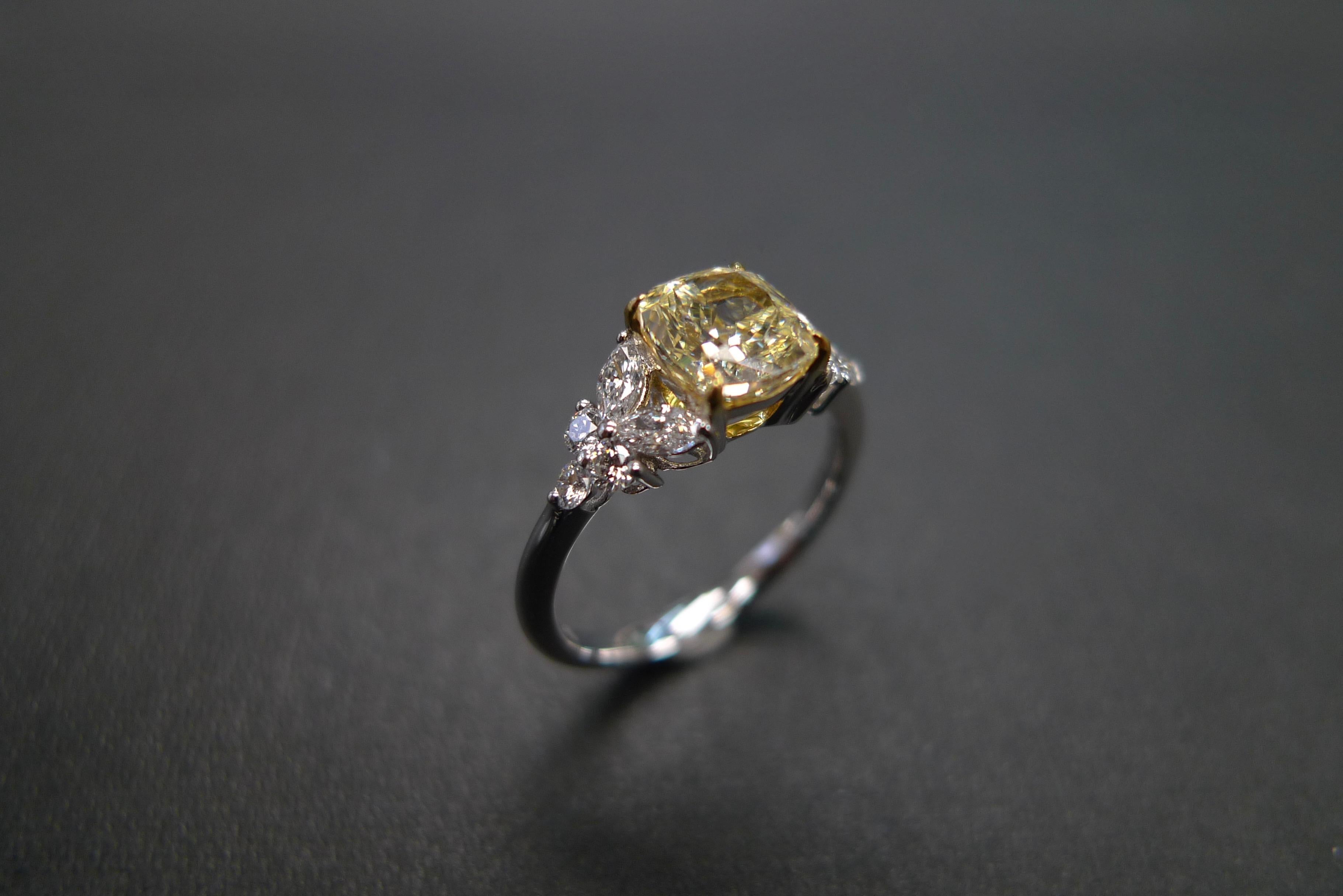 For Sale:  GIA Certified 1.20 Carat Cushion Cut Light Yellow Diamond Unique Engagement Ring 2