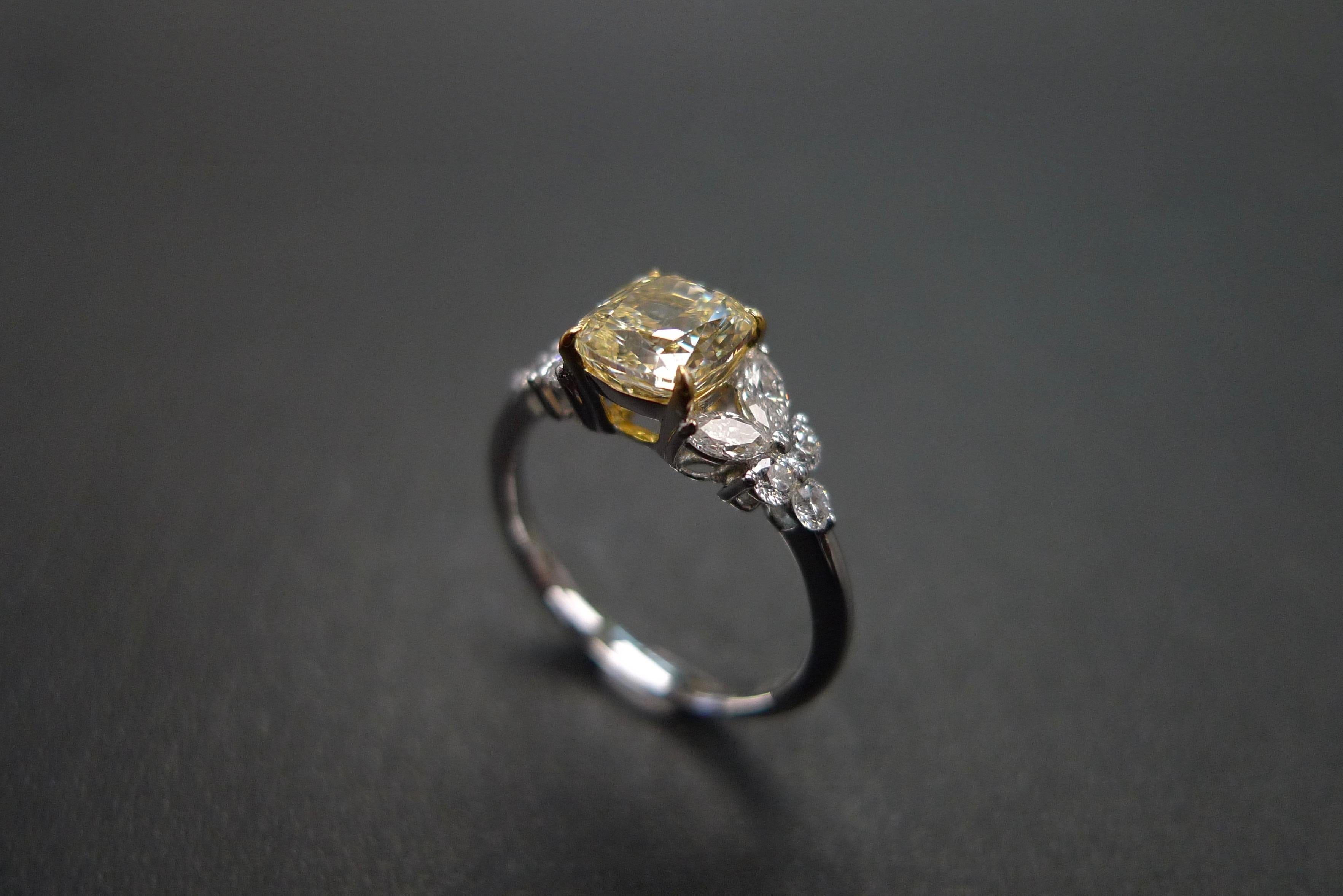For Sale:  GIA Certified 1.20 Carat Cushion Cut Light Yellow Diamond Unique Engagement Ring 4