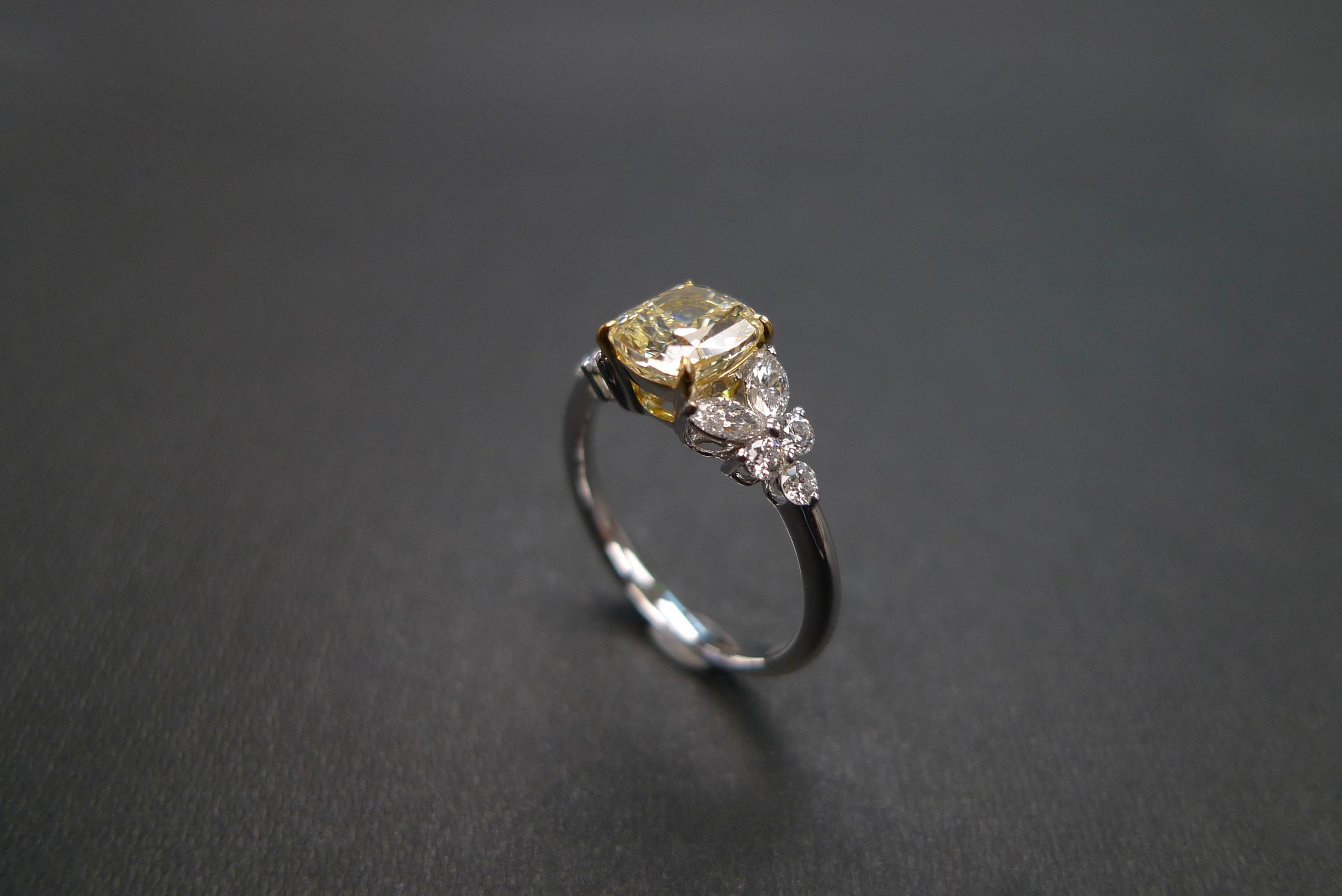 For Sale:  GIA Certified 1.20 Carat Cushion Cut Light Yellow Diamond Unique Engagement Ring 9