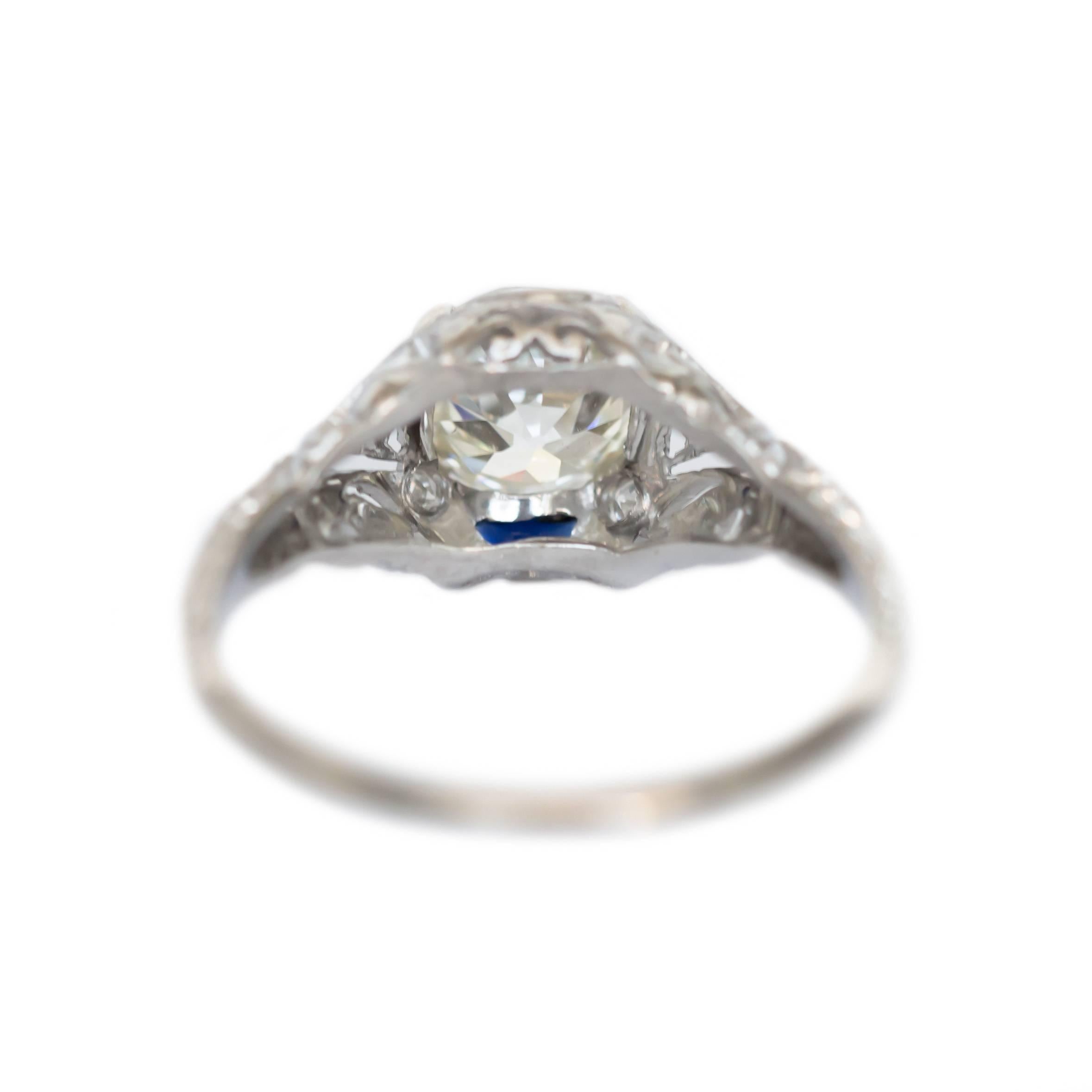 Art Deco GIA Certified 1.20 Carat Diamond and Sapphire Platinum Engagement Ring For Sale