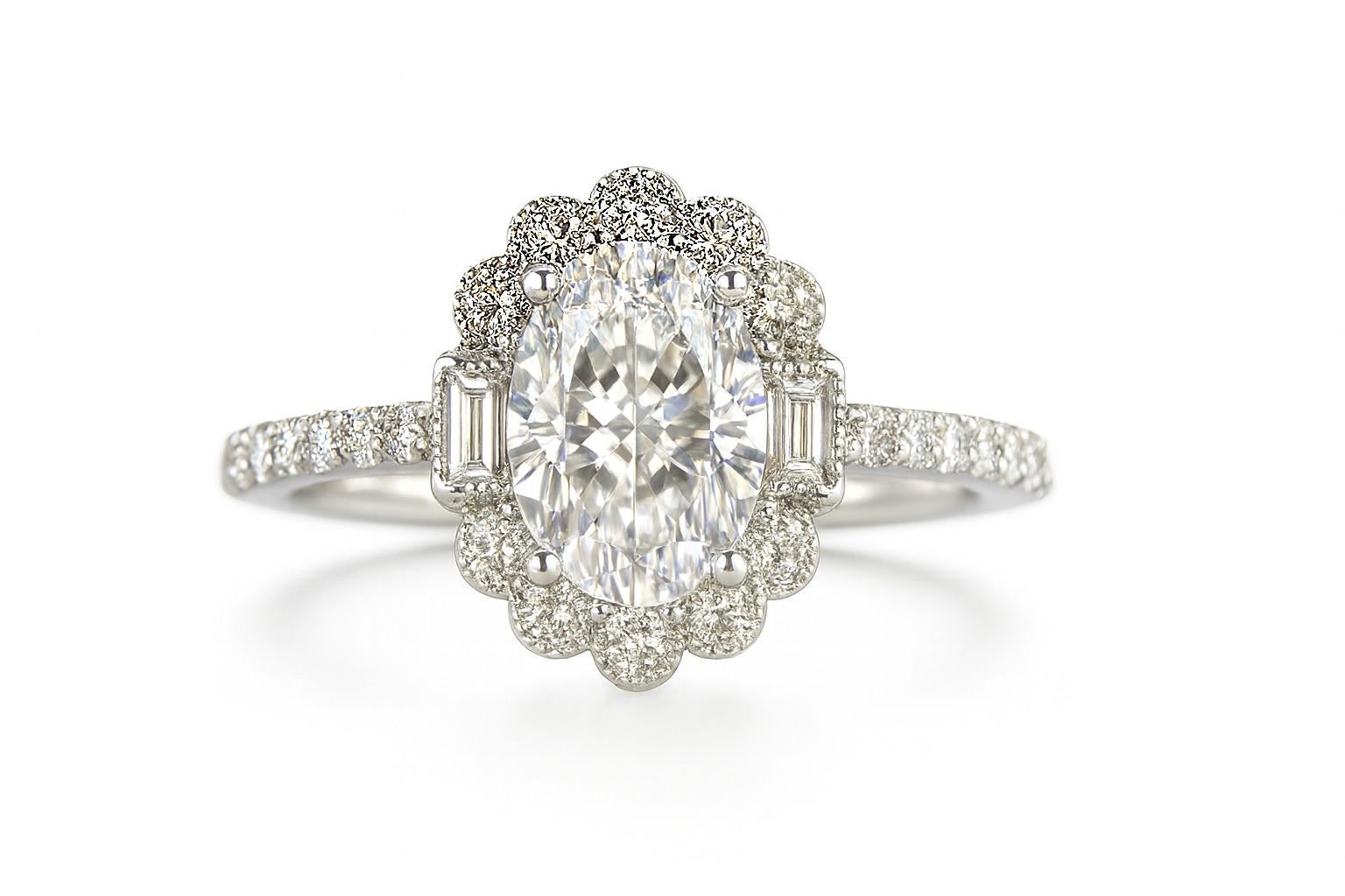 GIA zertifiziert 1,20 Karat Diamant Baguette und Halo Verlobungsring (Ovalschliff) im Angebot