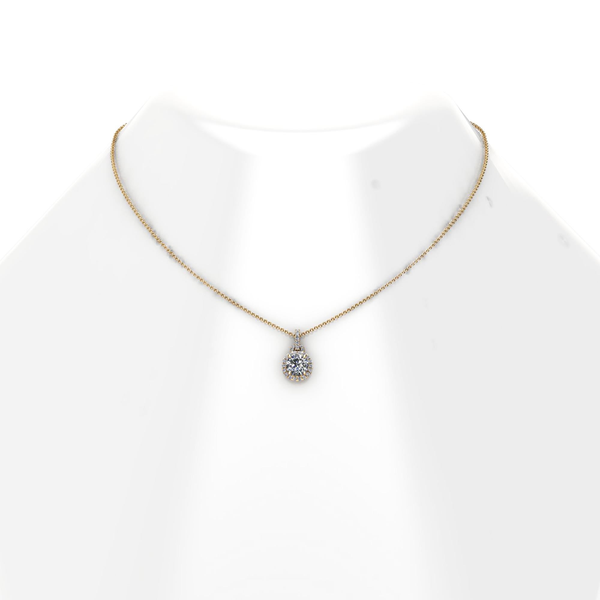 1.01 carat GIA Certified round brilliant cut diamond, H color, VS2 clarity, 18k yellow gold diamond halo necklace, with a total diamond carat weight of 1.20 carat, with 18k yellow gold think cable chain with 16