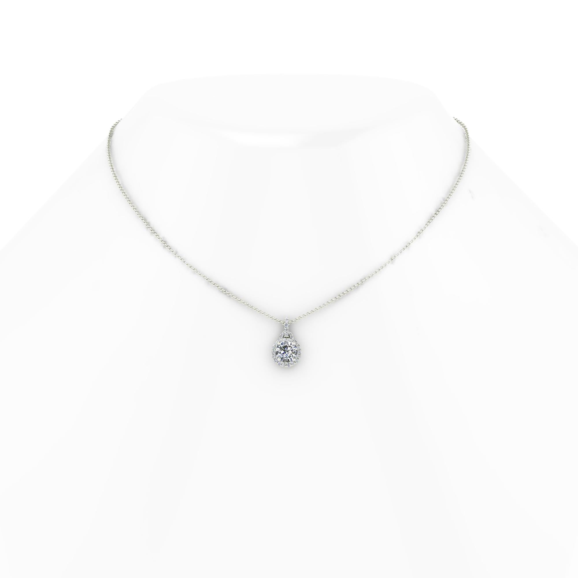 1.01 carat GIA Certified round brilliant cut diamond, H color, VS2 clarity, Platinum 950 diamond halo necklace, with a total diamond carat weight of 1.20 carat, with Platinum think cable chain with 16