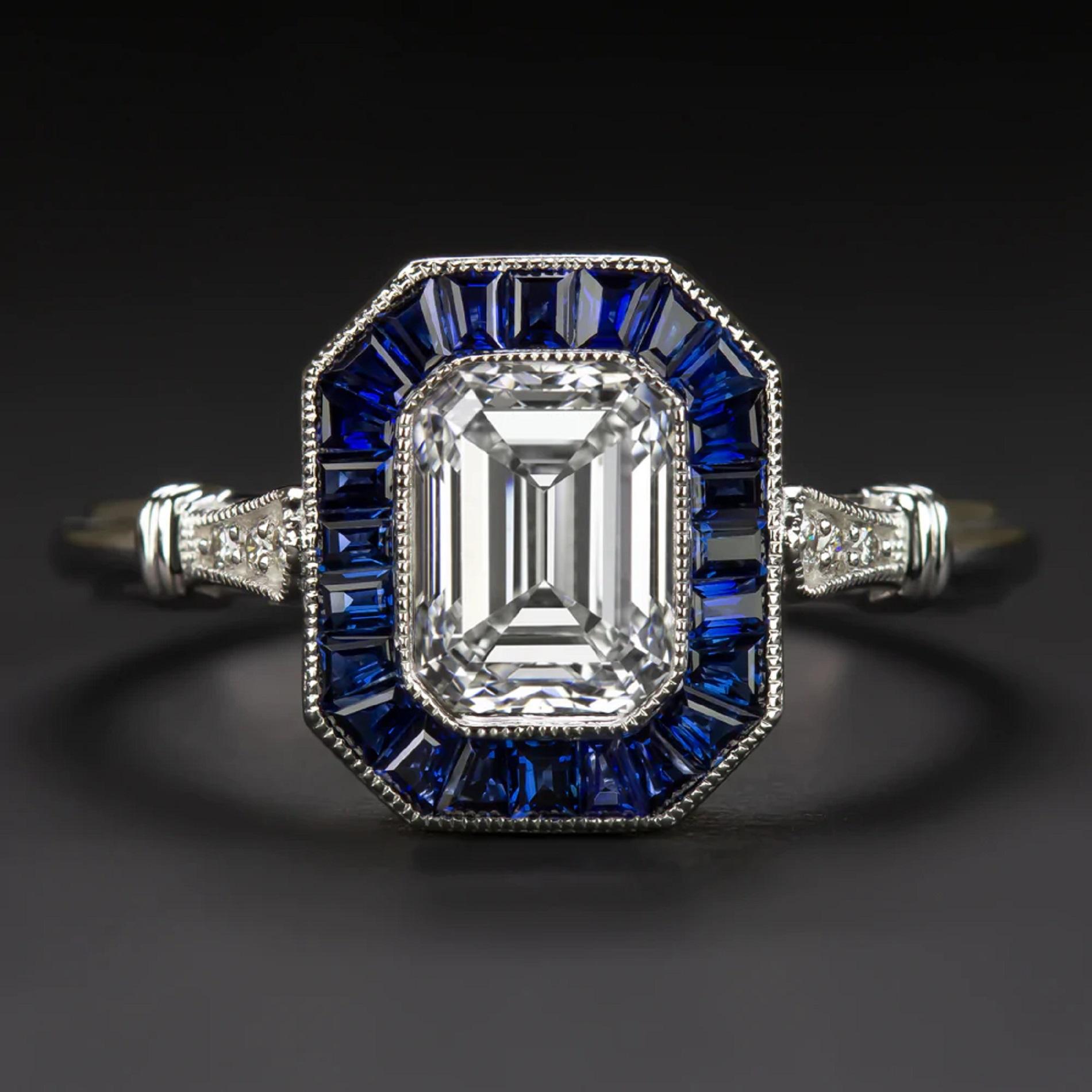 Art Deco GIA Certified 1.20 Carat Emerald Cut Diamond Blue Sapphire Halo Ring