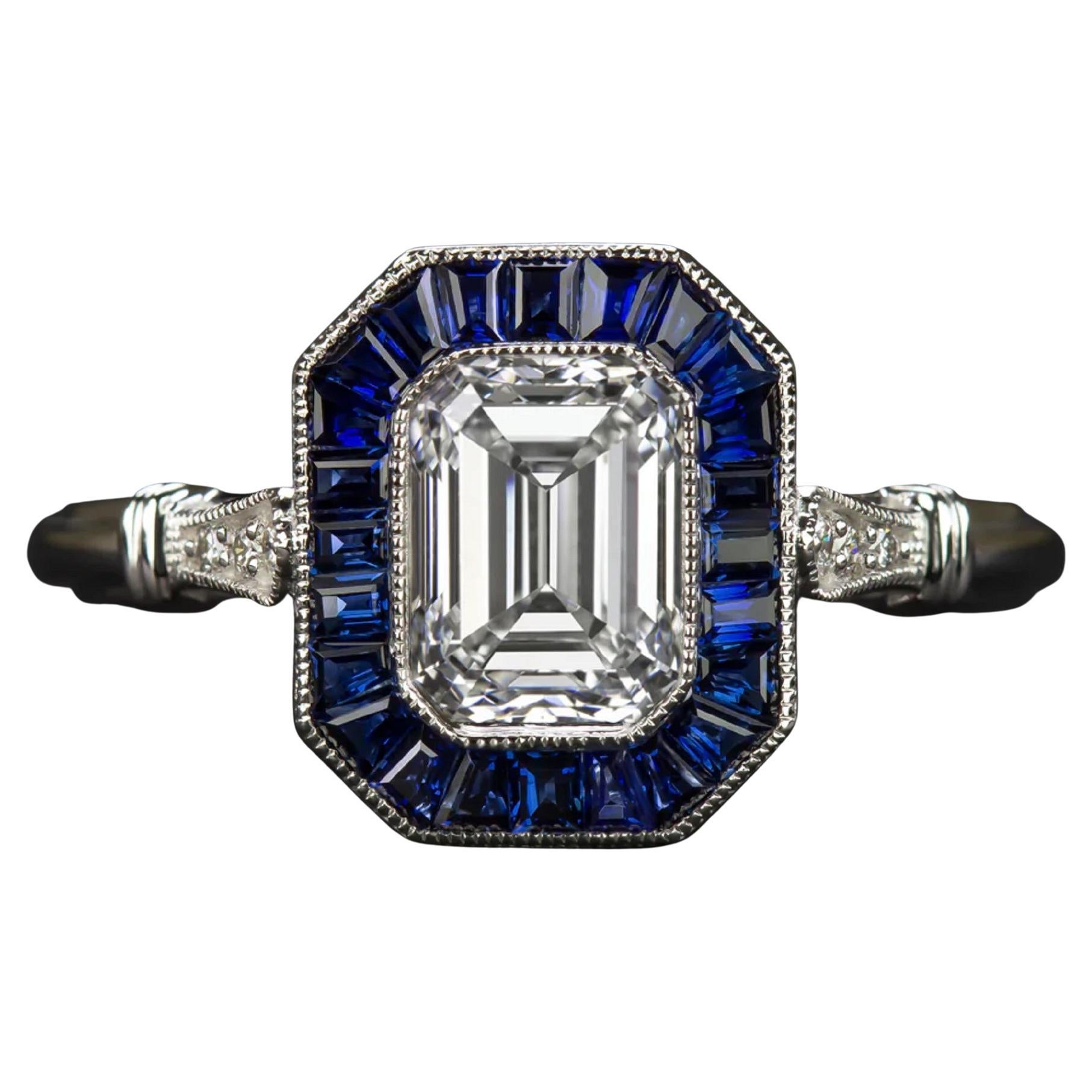 GIA Certified 1.20 Carat Emerald Cut Diamond Blue Sapphire Halo Ring