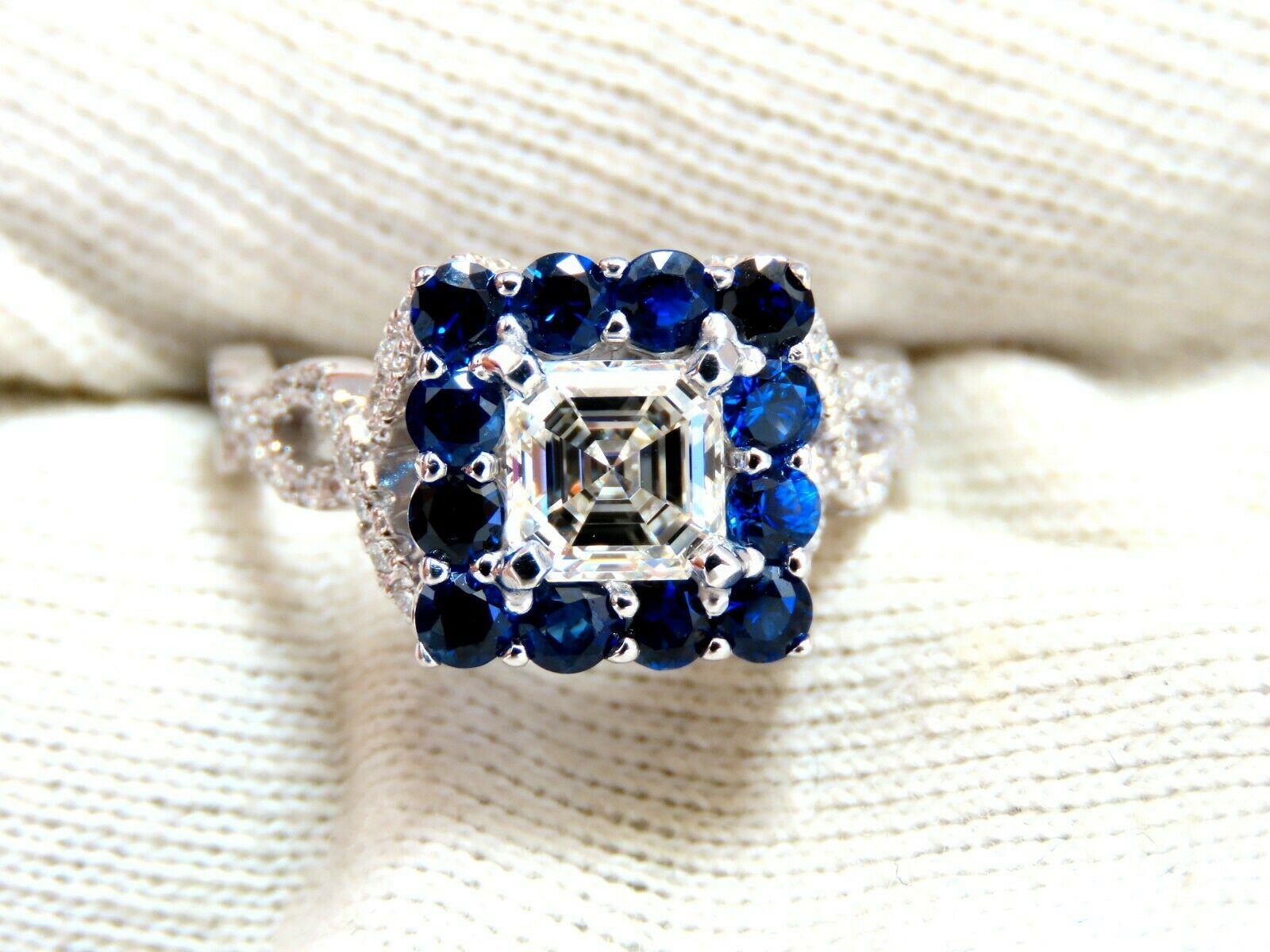 GIA Certified 1.20 Carat Natural Asscher Cut Diamond Ring 14 Karat Sapphire Halo For Sale 2