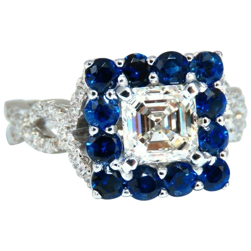 GIA Certified 1.20 Carat Natural Asscher Cut Diamond Ring 14 Karat Sapphire Halo For Sale