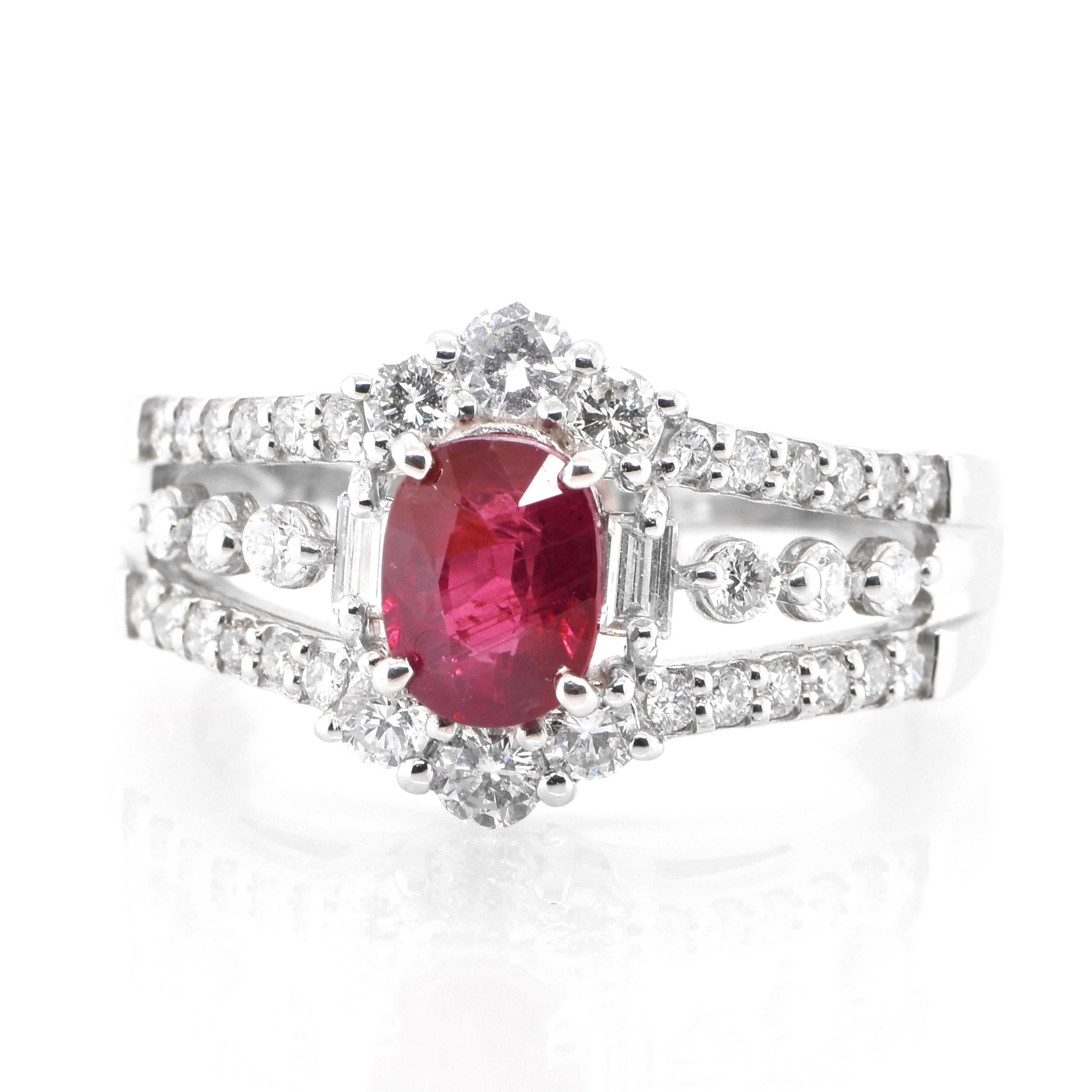 A beautiful ring set in Platinum featuring a GIA Certified 1.20 Carat Natural No Heat Ruby and 0.75 Carat Diamonds. Rubies are referred to as 