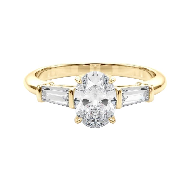 Anello classico a tre pietre con diamante ovale e baguette certificato GIA da 1,20 carati