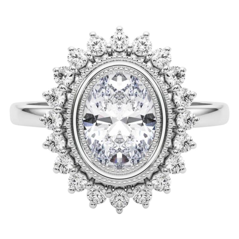 GIA Certified 1.20 Carat Oval Cluster Vintage Flower Platinum Diamond Ring For Sale