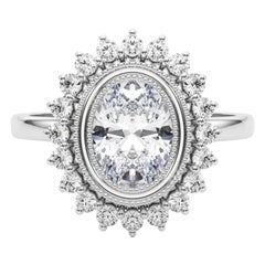 Anello di diamanti in platino con fiore d'epoca e cluster ovale da 1,20 carati certificato GIA